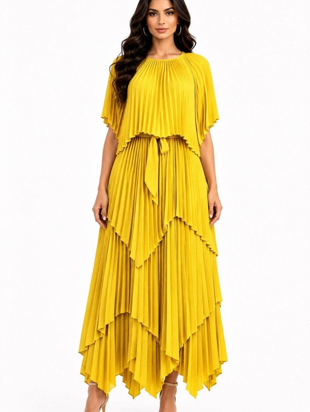 Pleated Tiered Yellow Maxi/Halter  Dress with Waist Tie